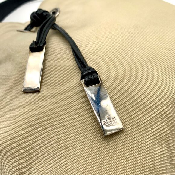 Gucci Beige Nylon and Black Leather Trim Drawstring Shoulder Bag - Picture 11 of 12